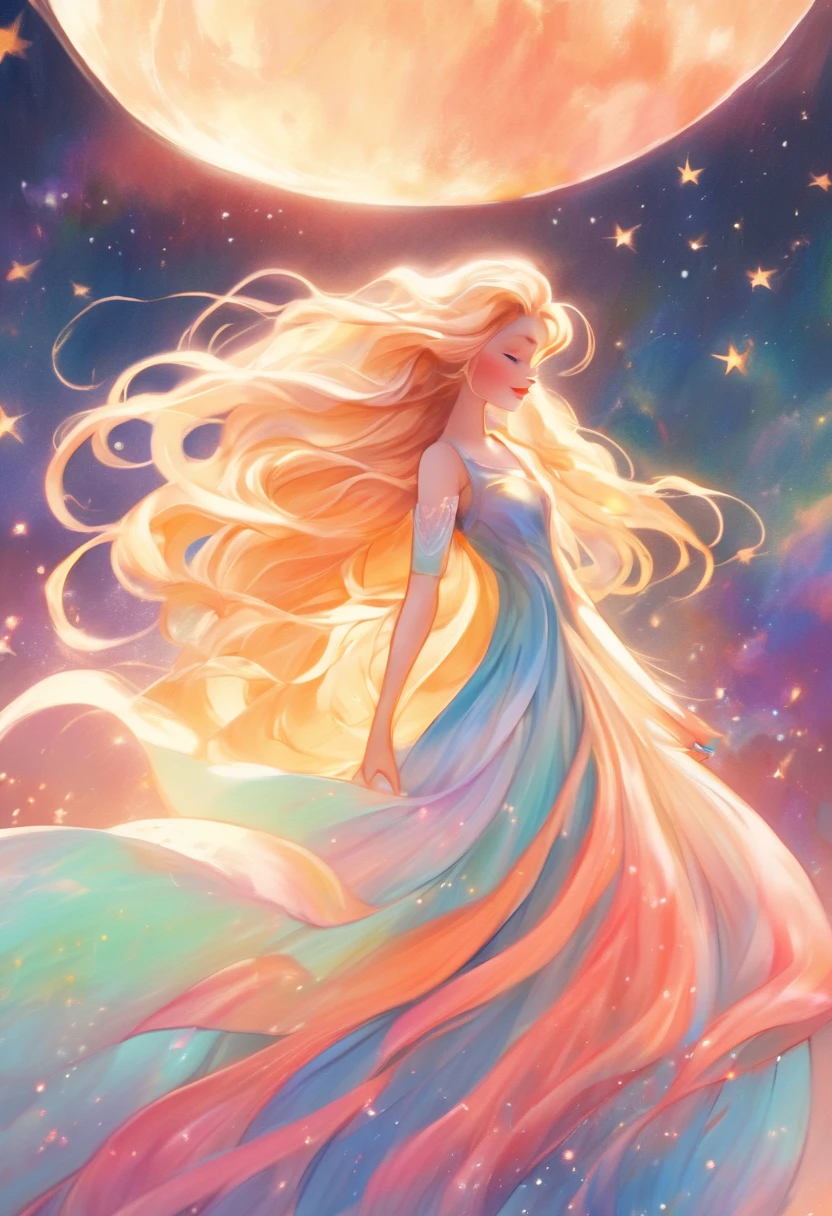 beautiful girl in flowing colorful ballgown, moon dress, long golden hair, Colorful watercolor background, inspired Written by Glen Keene, inspired Written by Lois Van Baarle, disney art style, Written by Lois Van Baarle, There&#39;s a glowing aura around her, Full moon in the sky,Written by Glen Keene, Just Bartel, incandescent lamp! digital painting, flowing shining hair, shining flowing hair, beautiful digital illustration, Fantasia otherworldly landscape plants flowers, beautiful, masterpiece, highest quality, Anime Disney Style