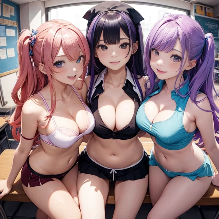 Angle from above、girls sandwich、Two girls are depicted、colorful hair、beautiful girl、highest quality、embarrassing smile、beautiful girl、masterpiece、High-definition images、The belly button is visible、Nurse Uniform、cleavage exposure、Thigh emphasis、classroom、25 years old、underwear is visible、pleated lender body shape、My arms are grabbed from behind
