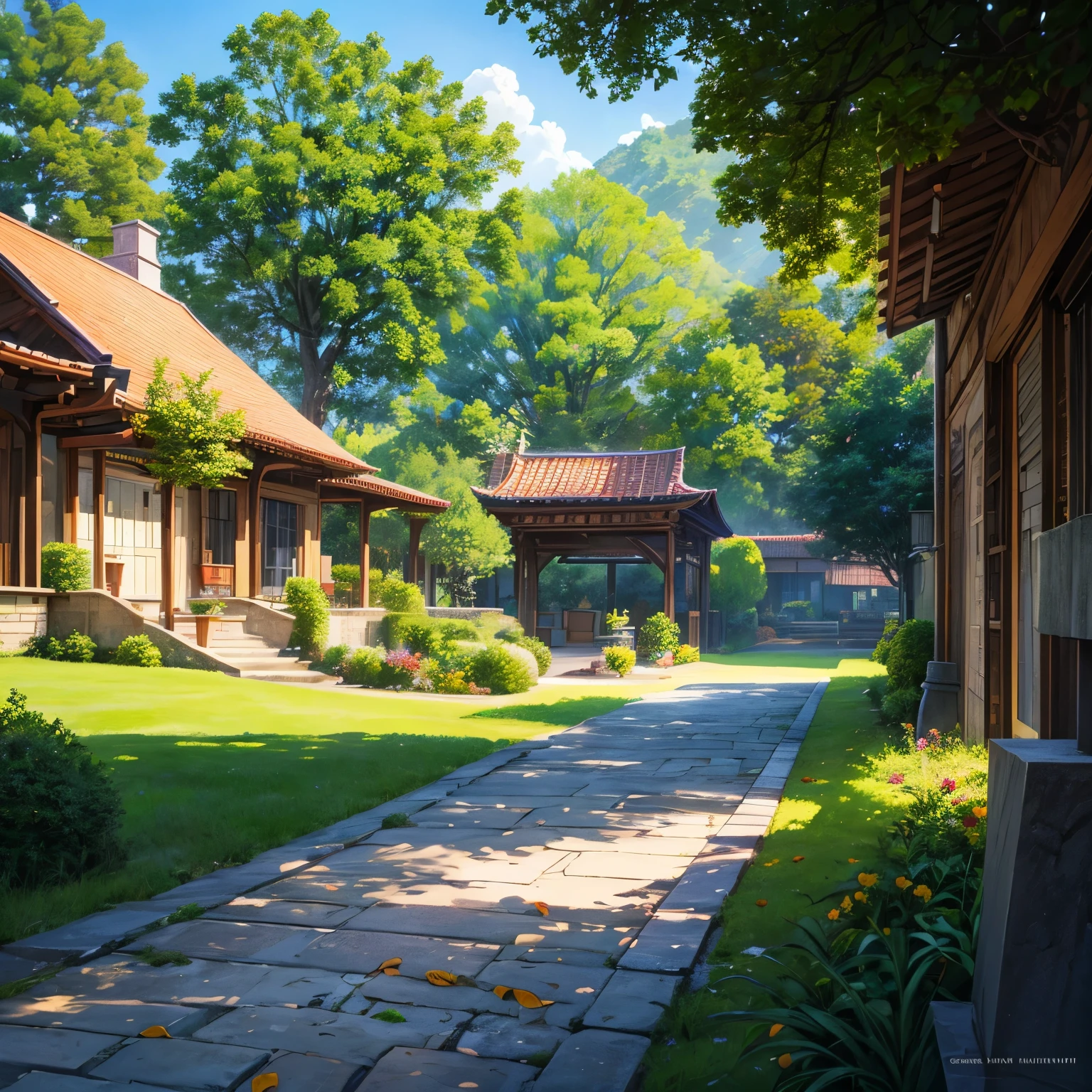 the exquisite beauty of classic-modern style villa with nature, realistic, professional, vivid colors, soft lighting, landscapes, detailed trees, colorful flowers, beach, gentle breeze, clear blue sky, the sunlight filters through the leaves of the tree, vibrant hues, natural tranquility, lush greenery, illustration art
