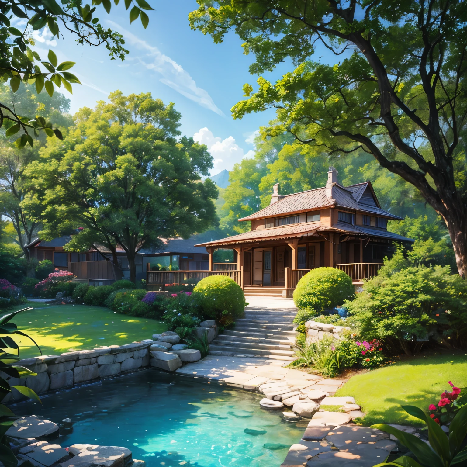 the exquisite beauty of classic-modern style villa with nature, realistic, professional, vivid colors, soft lighting, landscapes, detailed trees, colorful flowers, beach, gentle breeze, clear blue sky, the sunlight filters through the leaves of the tree, vibrant hues, natural tranquility, lush greenery, illustration art