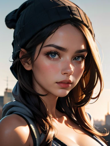 (((HD photo))), ultra high res.photorealistic:. 1.4, UHD, masterpiece, trending on artstation, close up shot of her face and shoulders, pretty, cute girl, most beautiful in the world, soft, delicate, long dark hair, slim body, large breasts, wearing black beanie:.1.5, wearing grey hoodie:.1.5, sunkissed, morning city background