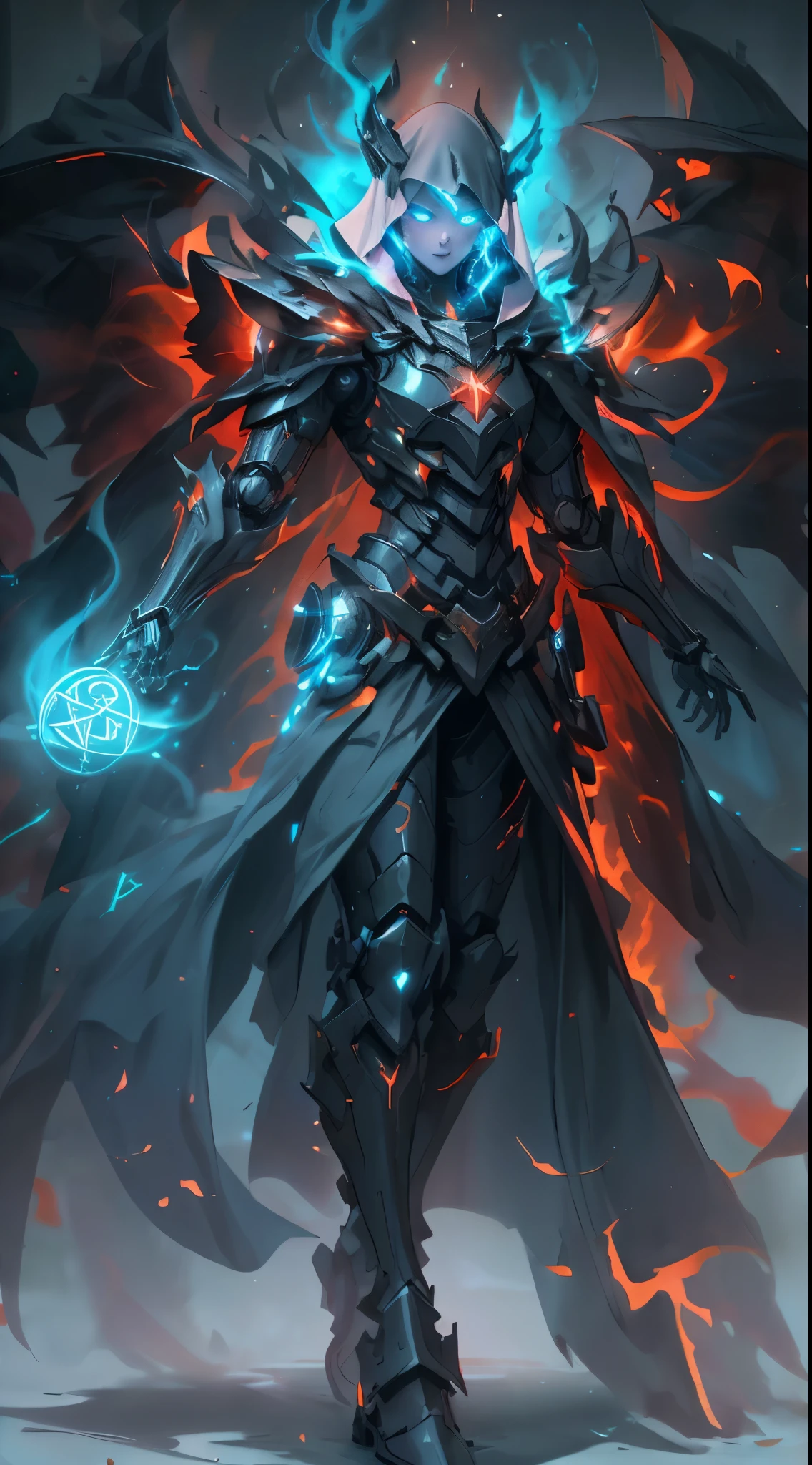 Full body photo, full body, blue ghost mage, wearing blue mechanical armor, surrounded by ghost flames, magical spells, burning red flames in hand, perfect body proportions, tall figure, wearing a veil, glowing blue eyes, cloak, dark background, backlight, glossy, reflective, bioluminescent, super detail, realistic, cinematic, high contrast,GlowingRunes_red,sh4g0d