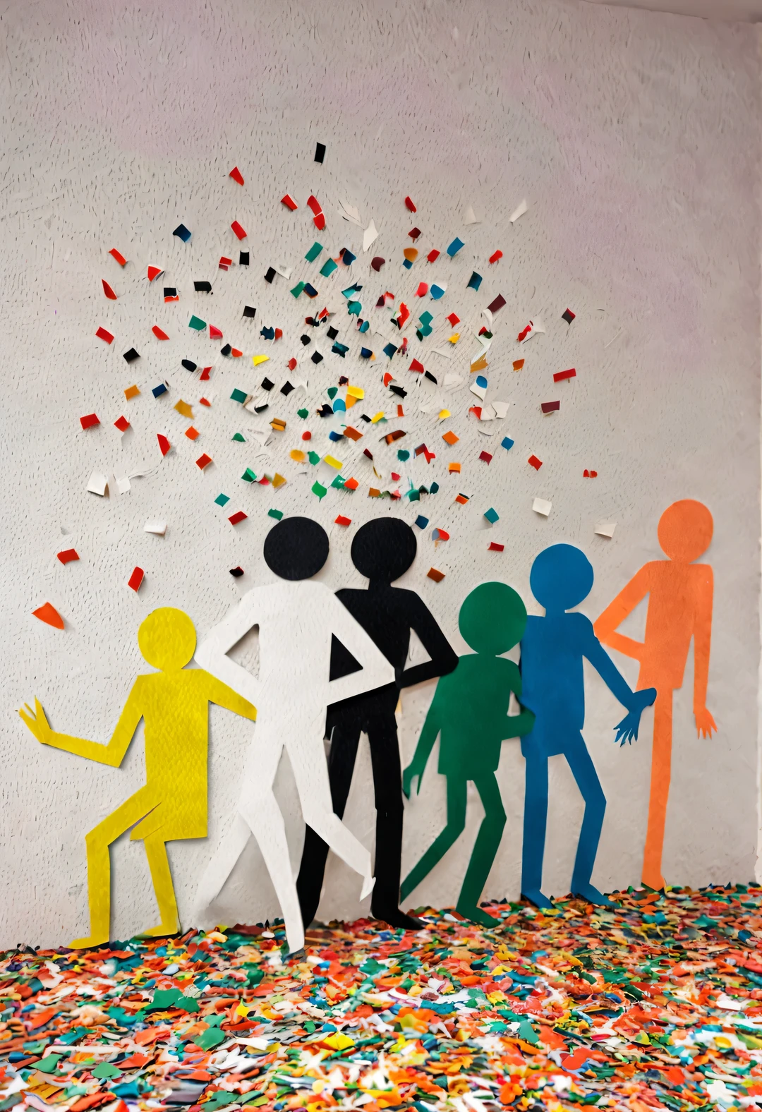 The black and white intruder who broke out of the wall turned half of his body into a colorful cartoon confetti man. fantasy, Science fiction, low polygon, Cubism and paper cutting were created by Charles and Ray Eames,Thick paper cut
