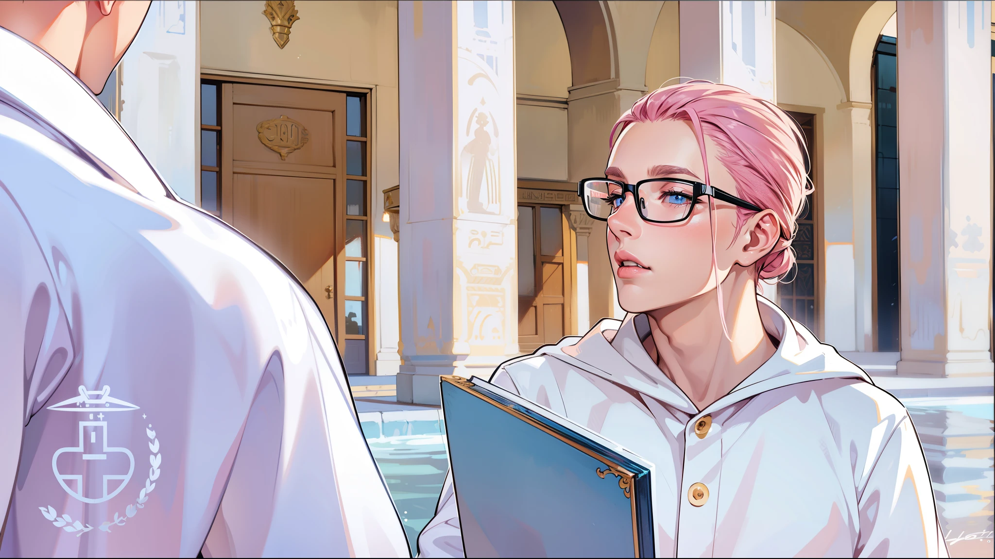 (best quality,ultra-detailed,realistic:1.37),HDR,UHD,ancient Egypt,portraits,young boys,beautiful detailed eyes,beautiful detailed lips,pink hair,mysterious background,,jug of water,ancient hieroglyphics,sitting position,majestic architecture,vibrant colors,rosy complexion,traditional clothing,curious expressions,impressive ancient artifacts,soft lighting
