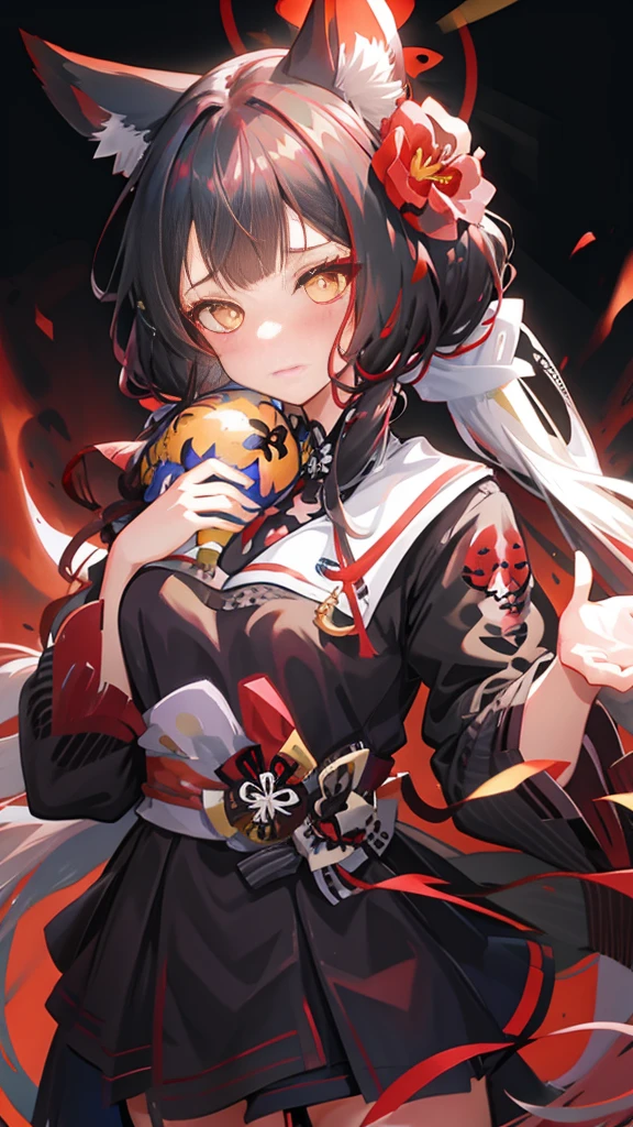 Long hair cat ears anime girl,There is a flower on the hair, Ayakashi original god impact, from《azur lane》Electronic games, from girls frontline, from the night of the ark, Anime visual of a cute girl, 《azur lane》role in, azure lane style, guys, Onmyoji portrait, Ayaka game genshin impact, Exquisite details. girls frontline