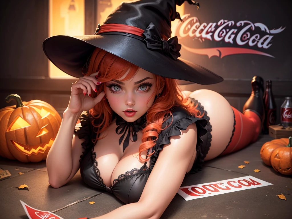 Halloween　witch　lie down　postcard　The background wall is a giant Coca-Cola neon board from end to end.　Pin-up-like picture　Full body Esbian　clean two-legged　