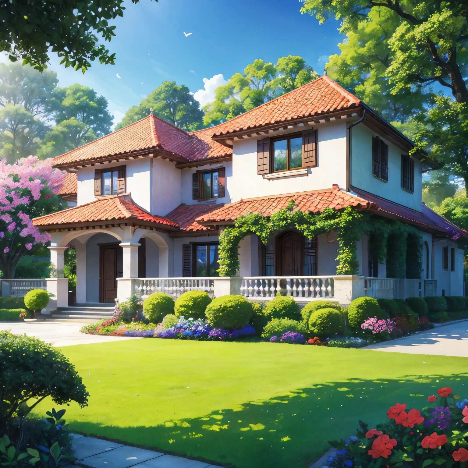 the exquisite beauty of europe modern style villa with nature, realistic, professional, vivid colors, soft lighting, landscapes, detailed trees, colorful flowers, beach, gentle breeze, clear blue sky, the sunlight filters through the leaves of the tree, vibrant hues, natural tranquility, lush greenery, illustration art