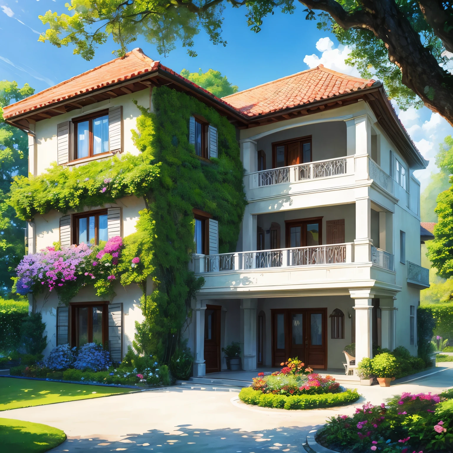 the exquisite beauty of europe modern style villa with nature, realistic, professional, vivid colors, soft lighting, landscapes, detailed trees, colorful flowers, beach, gentle breeze, clear blue sky, the sunlight filters through the leaves of the tree, vibrant hues, natural tranquility, lush greenery, illustration art