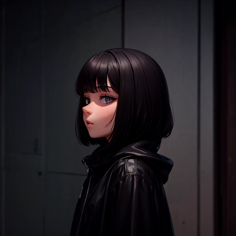 Girl,short hair,black pupil,black Coat hood.