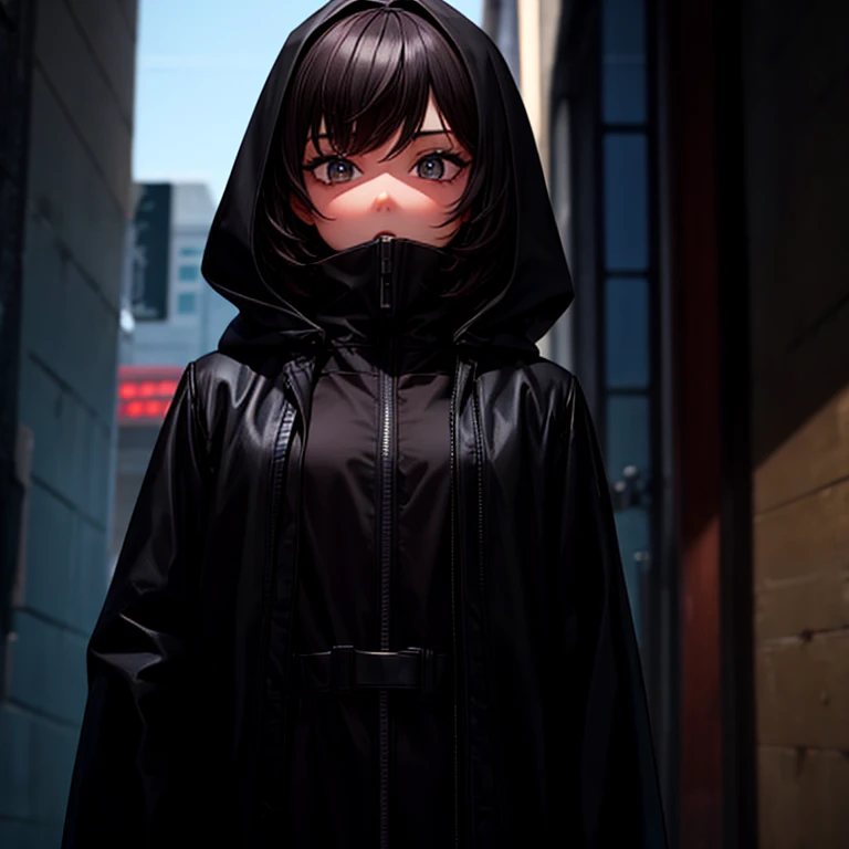 Girl,short hair,black pupil,black Coat hood.