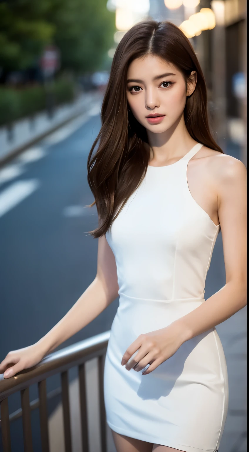 ((Realistic lighting, best quality, 8k, masterpiece: 1.3)), focus: 1.2, 1 girl, Perfect body: 1.4, slim abs: 1.1, ((dark brown hair)), (white dress: 1.4), (outdoor, night: 1.1), city street, The face is super delicate, beautiful eyes, double eyelids,