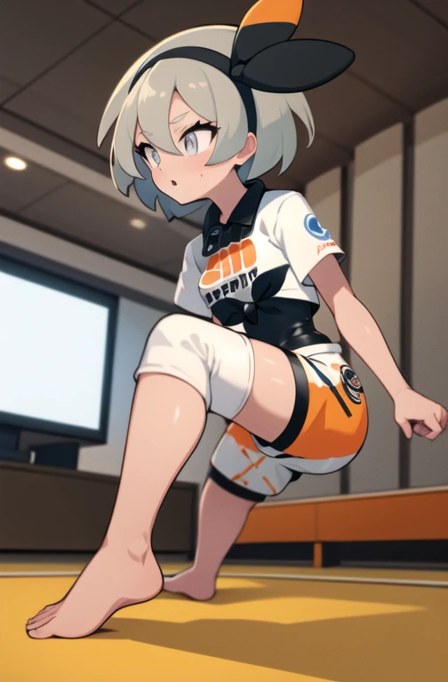 high quality, masterpiece, indoors, dojo, full body image, facing forward, thick thighs, puffed out cheeks, six pack, dominant, confident, bea \(pokemon\), bow hairband, print shirt, tied shirt, black bodysuit, tight bodysuit, bodysuit under clothes, single glove, print shorts, knee pads, barefoot