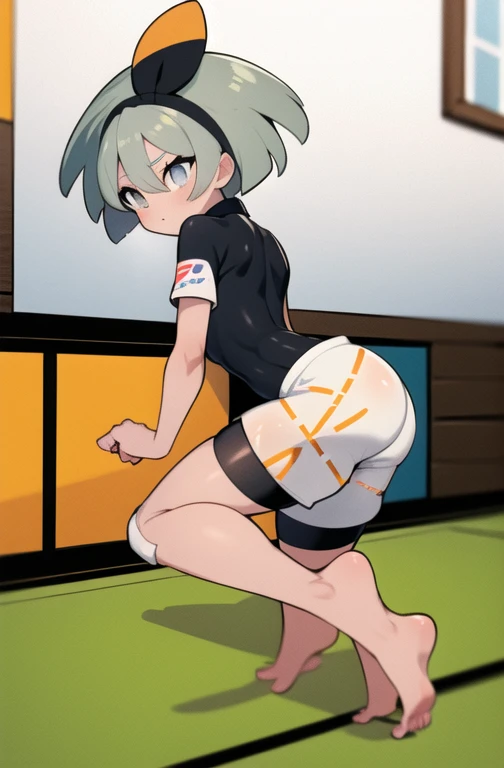 high quality, masterpiece, indoors, dojo, full body image, facing forward, thick thighs, puffed out cheeks, six pack, dominant, confident, bea \(pokemon\), bow hairband, print shirt, tied shirt, black bodysuit, tight bodysuit, bodysuit under clothes, single glove, print shorts, knee pads, barefoot