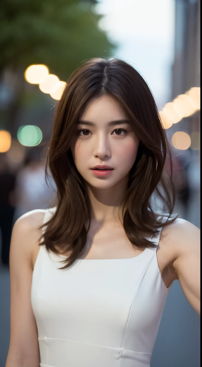 ((Realistic lighting, best quality, 8k, masterpiece: 1.3)), focus: 1.2, 1 girl, Perfect body: 1.4, slim abs: 1.1, ((dark brown hair)), (white dress: 1.4), (outdoor, night: 1.1), city street, The face is super delicate, beautiful eyes, double eyelids,