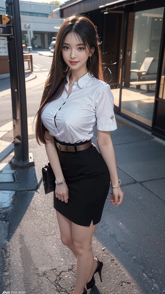 highest resolution, 8K, high definition, Realistic photos, (((My hair is very long.:1.3, Extra long:1.4, straight hair:1.3))), Thai Students, Half Thai, half Japanese, half Korean., Height 173 centimeters, (((stand, walk))), ((Beautiful face, แต่งBeautiful face, Double eyelids, red lips, smile at the corner of the mouth, beautiful eyes)), ((Beautiful Woman, The texture is realistic.)), ((Slim white short-sleeved shirt:1.3, collar shirt, Matte black short pencil skirt, Very short, Side incision, กระโปรงสีดำด้านพร้อมbeltผู้หญิง, tight)), ((Huge breasts:1.3, Breast augmentation:1.4, เต้าBig tits, Big tits, Plump milk, Fluffy milk, Huge breasts:1.3)), ((Symmetrical shape, sexy figure:1.4, Thin, slim, small waist, Long legs, Beautiful thighs)), ((Pitch black high heels, earring, Put on a watch, belt)), (((full body, Look at every part of the body.))), university backdrop, building, building, lawn, outdoor sports field