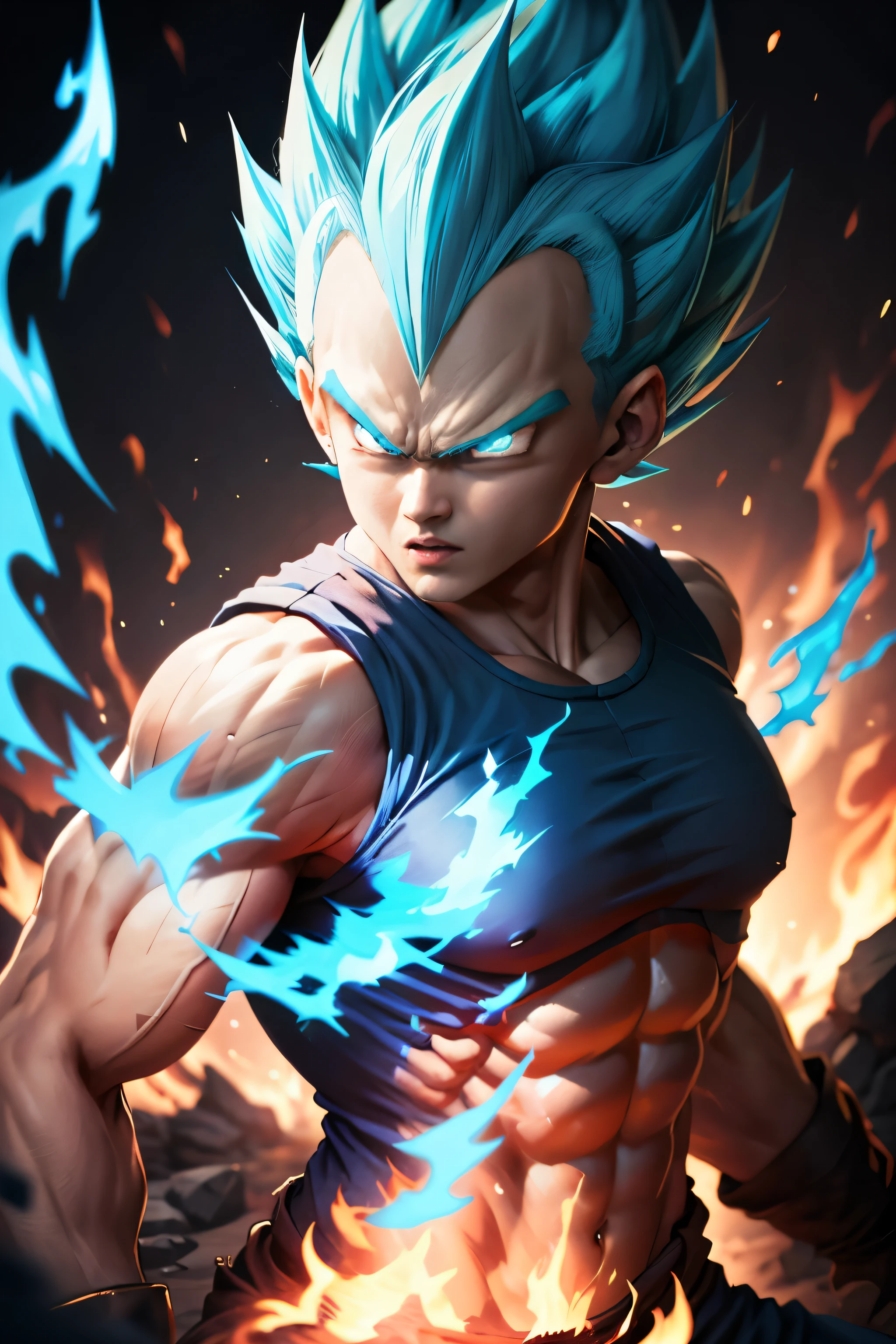 Dragon Ball Z Vegeta transforms into Super Saiyan Blue,Burning flames,surrender to his will, ((There is a blue flame behind it:1.4)),((blue eyeball)),((Really fierce eyes:1.5)),blue hair,Vibrant colored flames flow together in complementary ways. Spectacular spontaneous perfect texture, organic, Professional photography, HASSELBLAD CAMERA, Surreal, intricate details, ultra high definition, human development index, Blender Render –s 750