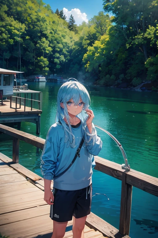 A muscular blue haired man with silver eyes with long hair and is fishing on a dock