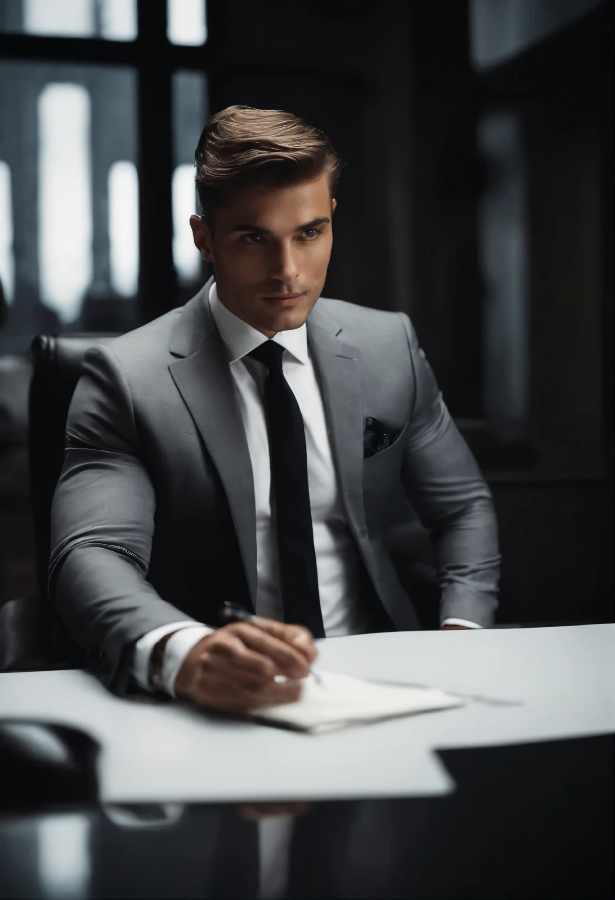 Portrait of businessman sitting behind desk in suit This guy must be handsome and elegant The image must be clear, afiado e 8k、Behind him you need to see New York, cabelo curto, Cores de cabelo preto e branco