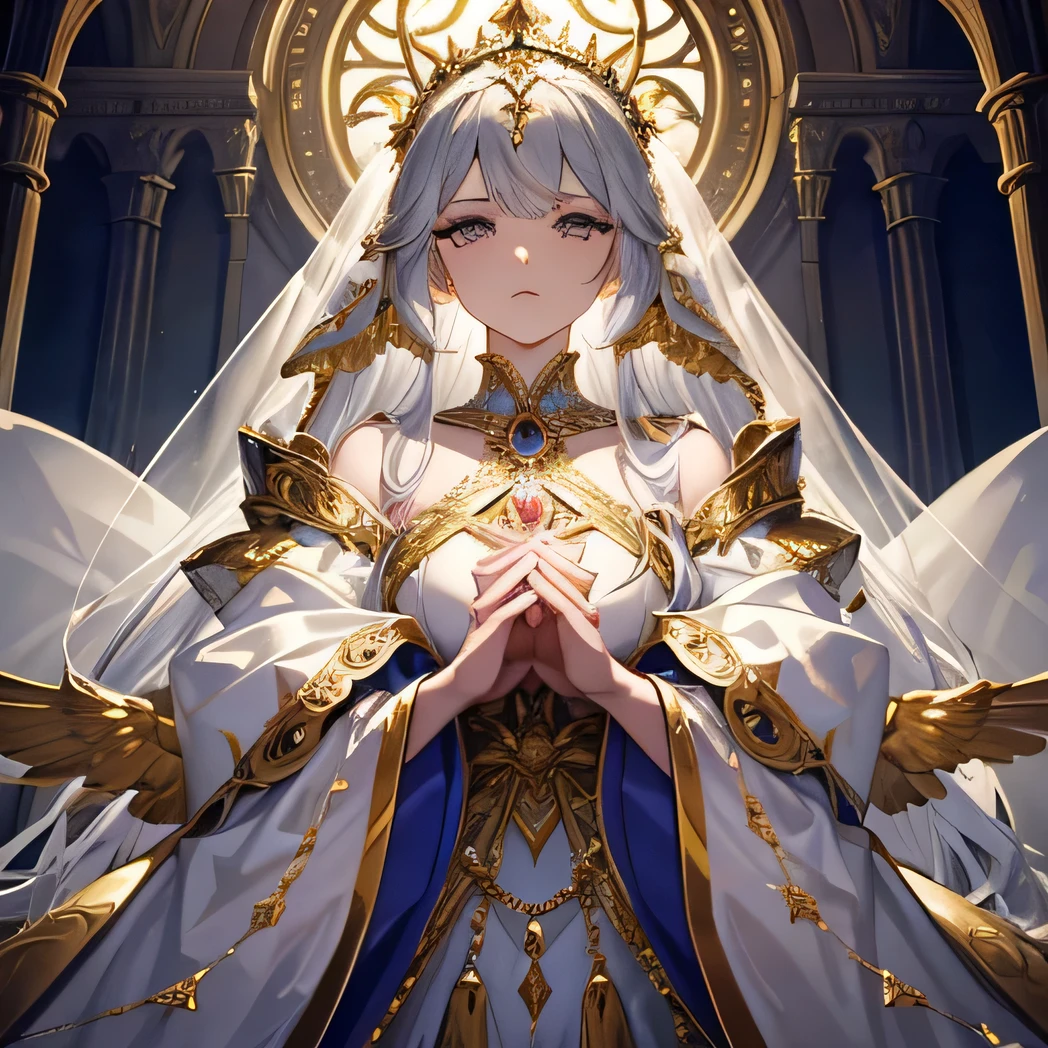 An avant garde high fashion goddess dressed in an extravagant crystalline organza gown with intricate gold cross embroidery and voluminous sleeves symbolic of heavenly realms, fierce winged eyeliner flicks and ornate crown headpiece references divine rule, gracefully posing with hands clasped as in prayer, an oversized cross signet ring on hand, surrounded by stained glass environment glowing through, gothic atmosphere, theatrical fog and light rays beaming, cathedral ambience signifies ceremony, extremely detailed textures, fabrics, and accessories, captured at high resolution and visual fidelity