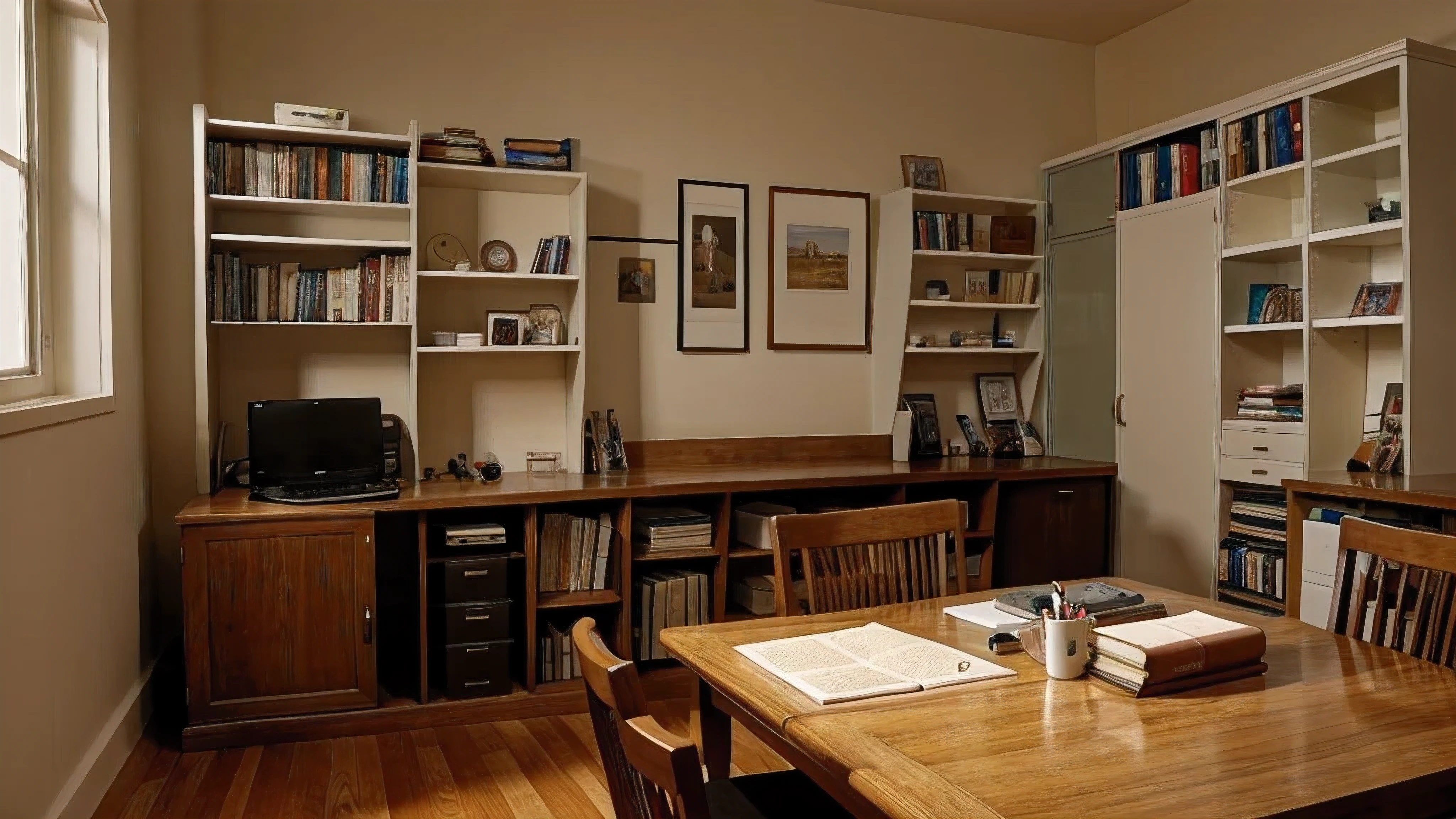 Light-colored study room, A large number of books are displayed on a neat table, Huge bookcase filled with drawing books of different sizes, Open notebook,There is a pen on it, no one showed up, Art painting on the wall