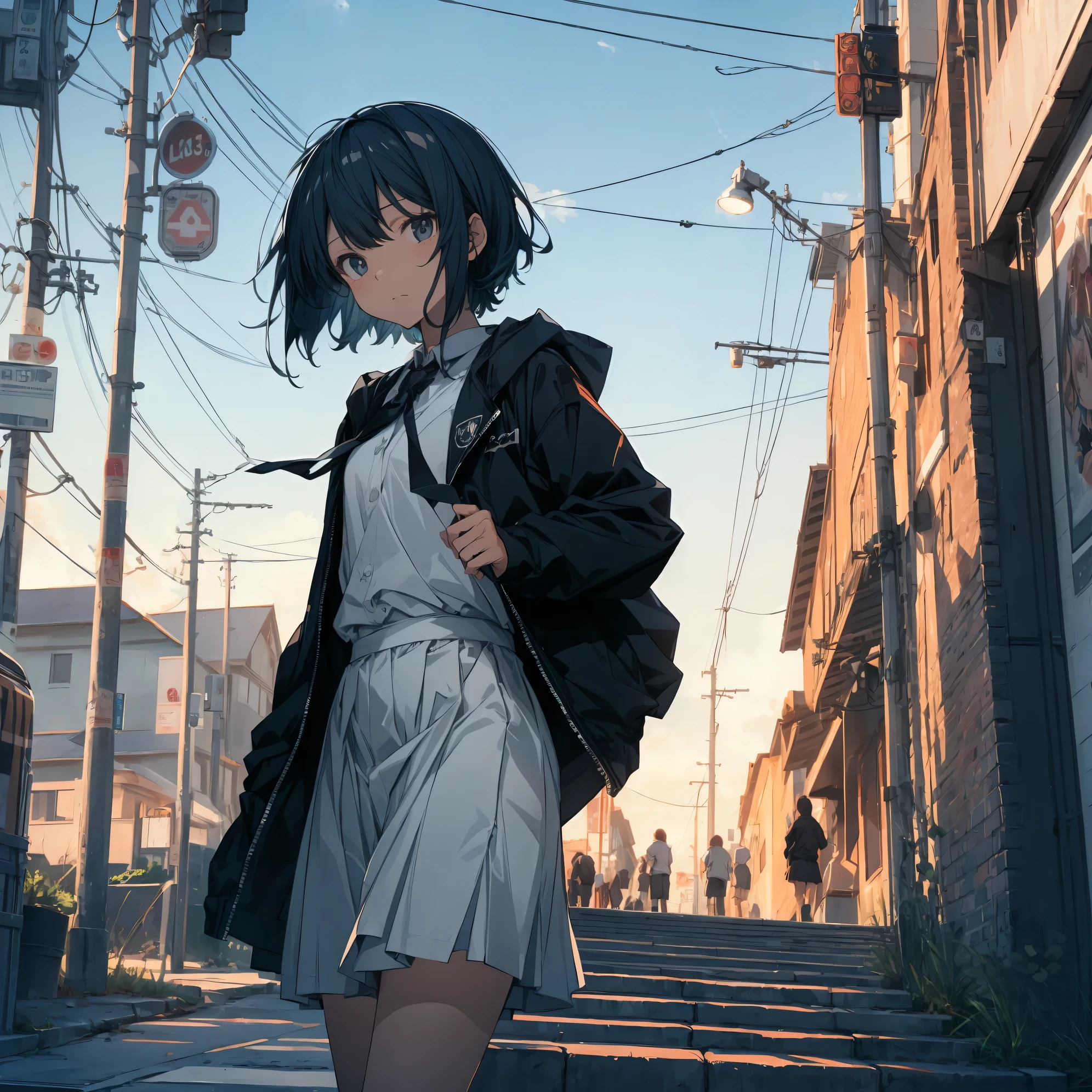 Super high quality by the art god, super detailed, High resolution, Shinkai Makoto style, anime moe art style, best anime 8K konachan wallpaper, pixiv contest winner, perfect anatomy, break,(眠そうにalone学校へ行く女の子を描いてください. ),break, surreal high school girl, (alone,lolita, , :1.3),All limbs, full finger,, androgynous charm, (very short hair), messy hair, flat chest, , small ass, between legs, Small black eyes, beautiful and fine eyes, Well-proportioned iris and pupils, disgusted eyes, High resolutionの詳細な髪, wearing school uniform, (skirt), On the way to school. break,super dense skin, Best lighting by famous artists, 8K, figure,