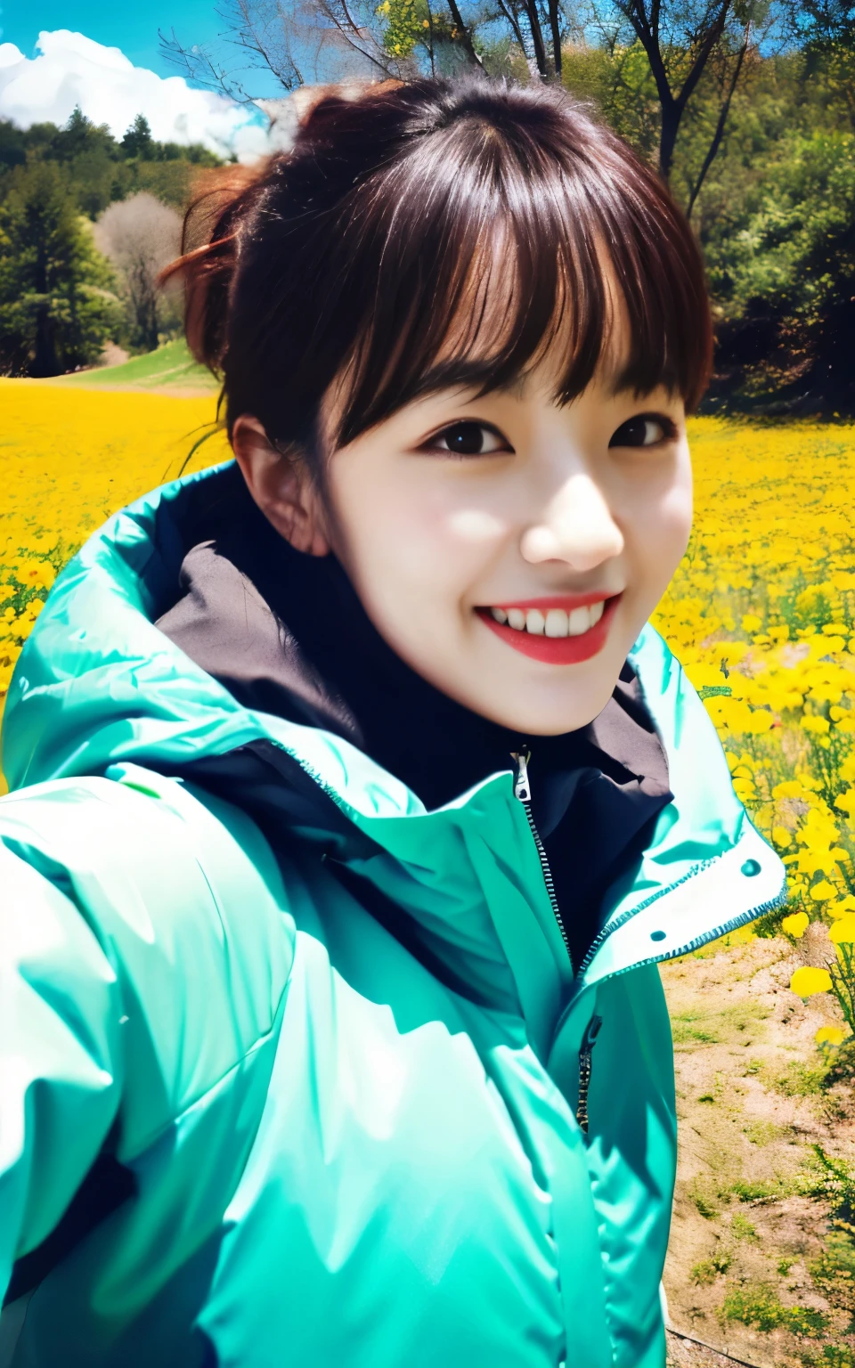 realistic, highest quality, very detailed, Beautiful woman, selfie photo, Upper body, alone, real nature, (Hilarious, Happy), Down jacket、sunny, looking at the viewer, skin texture, film grain、 ultra high resolution,  born, Instagram、slender