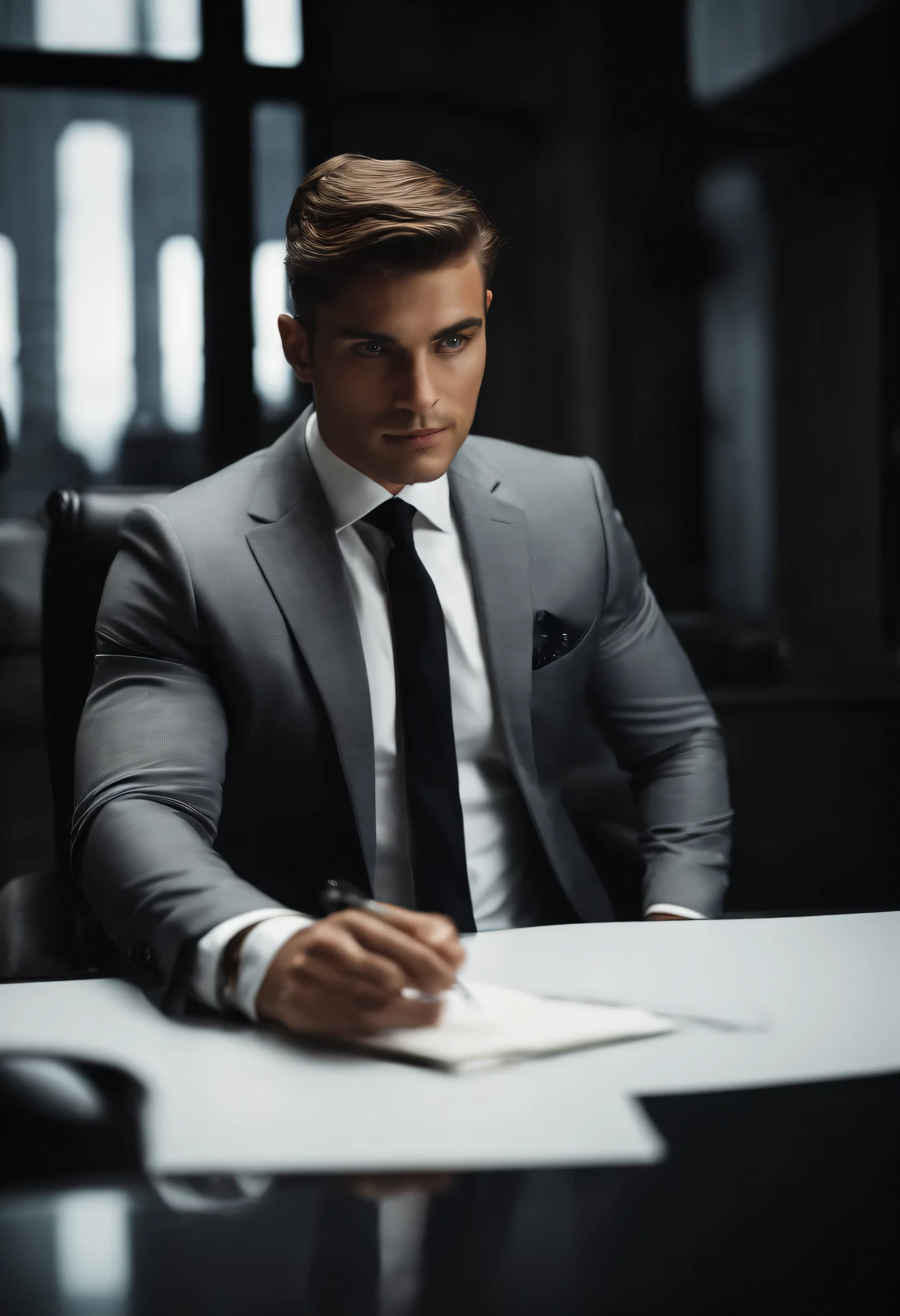 Portrait of businessman sitting behind desk in suit This guy must be handsome and elegant The image must be clear, definido e 8k、Behind him you need to see New York, cabelo curto, Cores de cabelo preto e branco