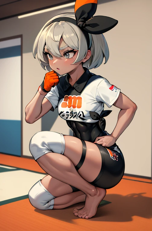 high quality, masterpiece, indoors, dojo, full body image, facing forward, thick thighs, puffed out cheeks, six pack, dominant, confident, bea \(pokemon\), bow hairband, print shirt, tied shirt, black bodysuit, tight bodysuit, bodysuit under clothes, single glove, print shorts, knee pads, barefoot