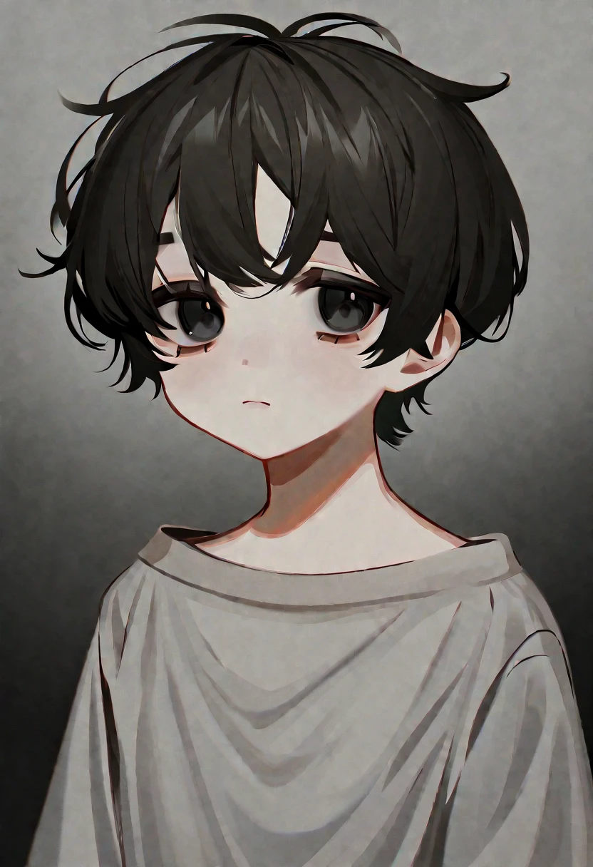 A little boy, short black messy hair, dark grey eyes, handsome, cute, small boy, ((solo)), ((high quality, masterpiece)), ((gloomy boy))