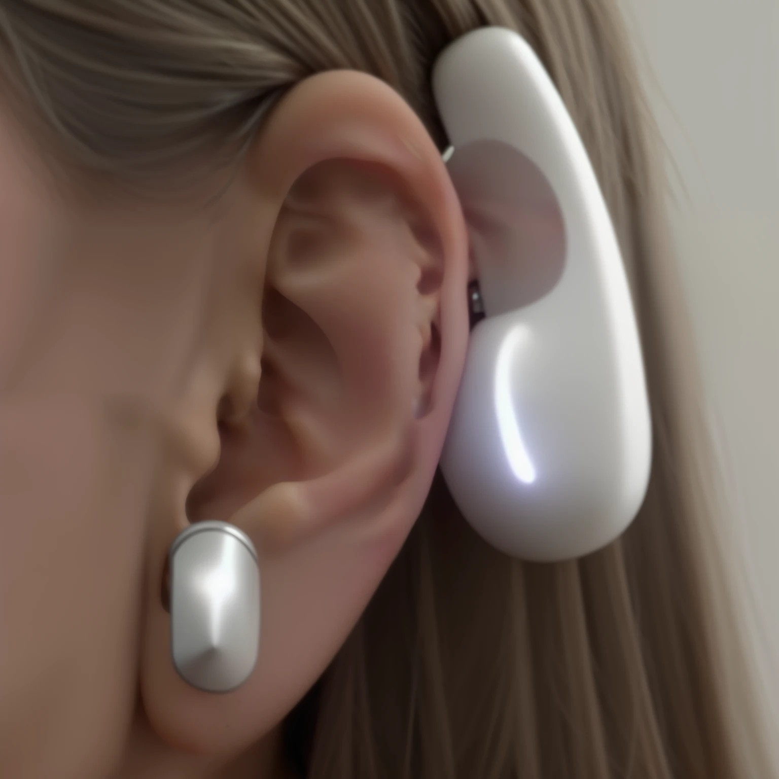 there is a woman with a pair of ear plugs in her ear, gauged ears, an earring, futuristic product design, ear, earbuds jewelry, earring, sleek metal ears, futuristic, metal ears, pointed ears, wearing bionic implants, giant earrings, very futuristic, futuristic hi-tech details, ears, left ear, bionic implants, headset, pointy ears