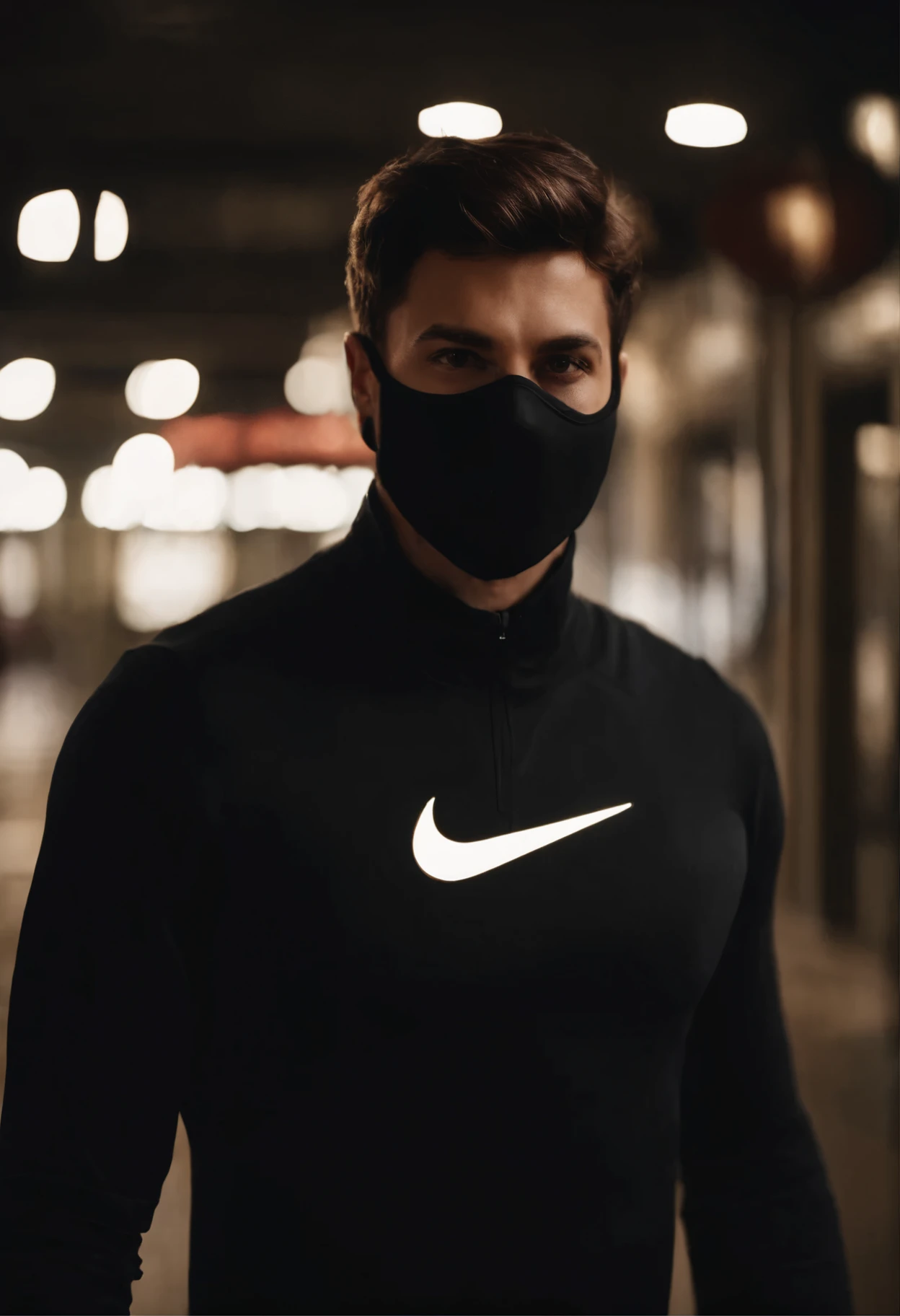 Realistic image of a man of age 28 years with black mask with a Nike logo on mask, facing the camera, brown short hair, glowing eyes, no shadows on face, proper lighting on face from all directions, close-up, straight facing the camera,8k, ultra realistic, unreal engine 