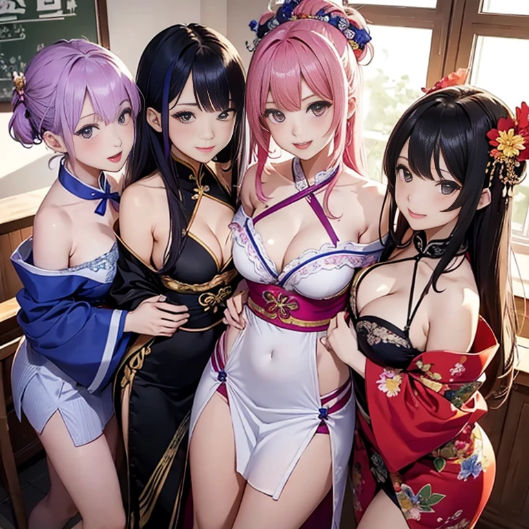 Angle from above、girls sandwich、Two girls are depicted、colorful hair、beautiful girl、highest quality、embarrassing smile、beautiful girl、masterpiece、High-definition images、The belly button is visible、kimono、China dress、cleavage exposure、off shoulder、Thigh emphasis、classroom、25 years old、Mini skirt with slit、slender body shape、camera close to chest