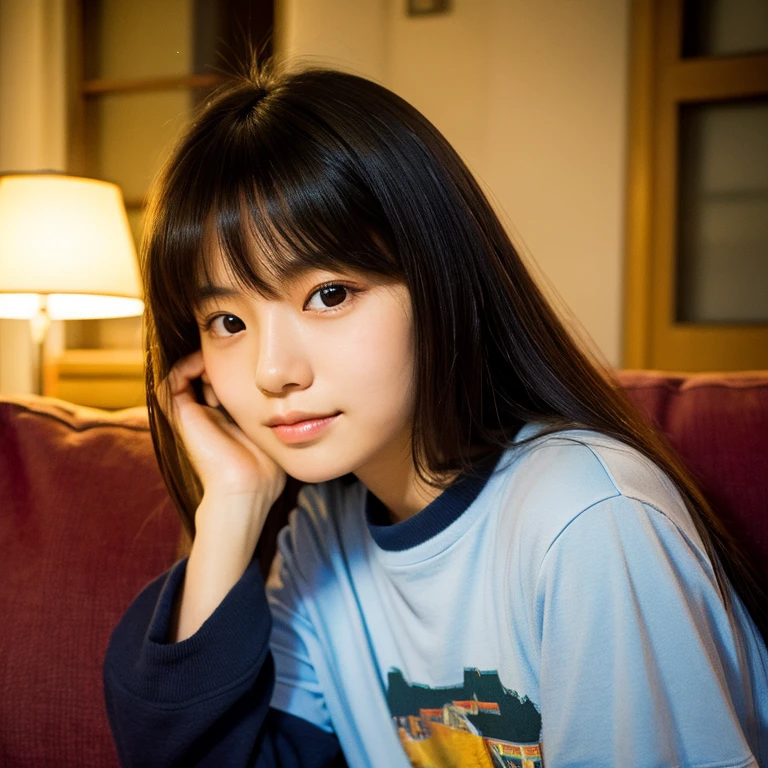 The face of a young Japanese woman posing like a model on a sofa. Focal length 100mmf/2.8, early winter night, living room on the upper floor of a tower apartment, plain T-shirt and shorts, close-up of eyes, film quality.