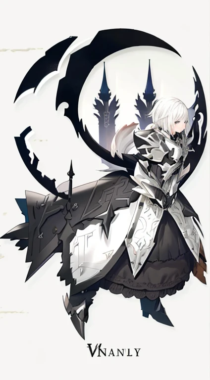 ,from Ark Night, Ark Night,  Bravely Default to Inspiration, nieer automaton, Light black armor, White-haired God, Black, shadow poetry style, from《Bravely Default II》, Intricate white armor, Neil 2b, gothic shoujo anime girl