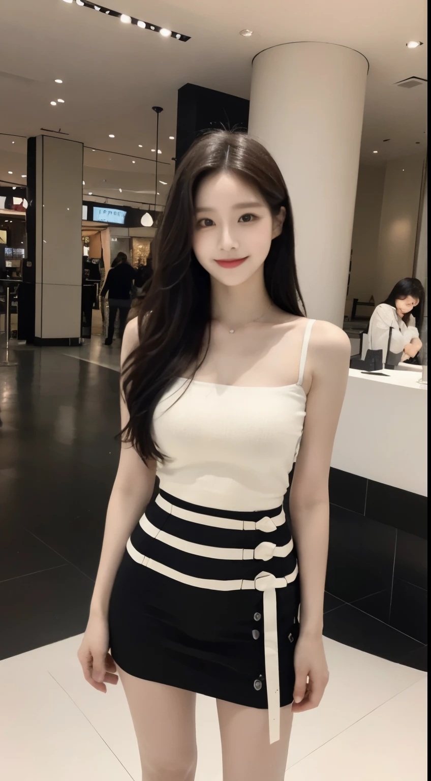 A girl about 28 years old,Simple,extremely beautiful and exquisite,(Light makeup),black hair,sweet smile,Delicate, beautiful and fair skin,Realistic and realistic,Exquisite and complete facial features,Detailed depiction of face,high nose bridge,red lips,beautiful, 温柔beautiful女孩,smooth hair,extremely fine hair,Femininity,Brighten your face,Surreal,lifelike,8K quality,Extremely detailed,realistic details,masterpiece,Realistic to the extreme,big breast body,beautiful,pure,stunning beauty,Unparalleled beauty,Highest image quality,8K resolution,welcome,Smile,Exquisite facial features,hair past shoulders,a brown haired one,The legs are long and thick,(((high waist french top))),(((short skirt))),Sunlight,face camera,The body is well-proportioned、strong,gentle eyes,Showing thighs,standing posture,Stand inside the mall,Full body image