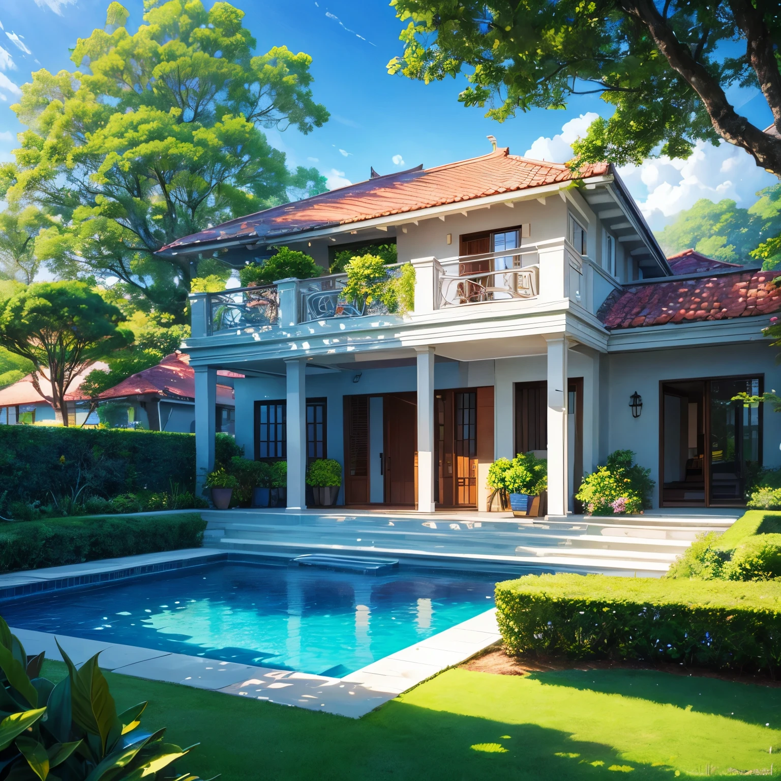 the exquisite beauty of modern style villa with nature, realistic, professional, vivid colors, soft lighting, beach landscapes, detailed trees, colorful flowers, gentle breeze, clear blue sky, the sunlight filters through the leaves of the tree, vibrant hues, natural tranquility, lush greenery, illustration art