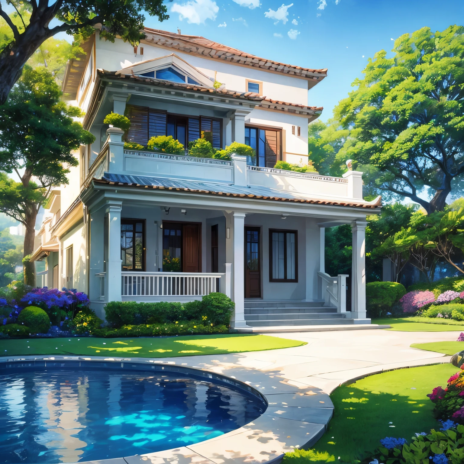 the exquisite beauty of modern style villa with nature, realistic, professional, vivid colors, soft lighting, beach landscapes, detailed trees, colorful flowers, gentle breeze, clear blue sky, the sunlight filters through the leaves of the tree, vibrant hues, natural tranquility, lush greenery, illustration art