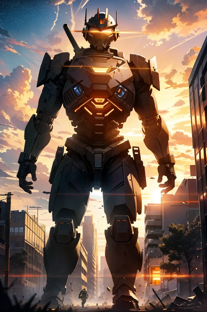 Run-down city, Battlefield, ruins, Gunsmoke fills, Broken giant robot, Orange sky, Dust, radiance, starry, from below, wide shot, cinematic lighting, blurry, Ultra-Wide Angle, best quality, 8k