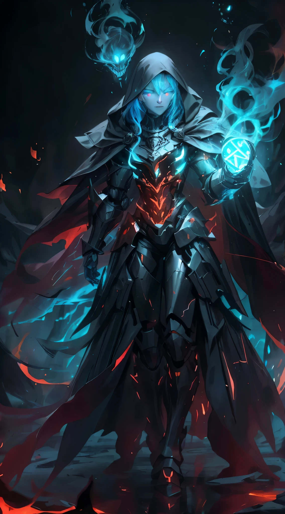 Full body photo, full body, blue ghost mage, wearing blue mechanical armor, surrounded by ghost flames, magical spells, burning red flames in hand, perfect body proportions, tall figure, wearing a veil, glowing blue eyes, cloak, dark background, backlight, glossy, reflective, bioluminescent, super detail, realistic, cinematic, high contrast,GlowingRunes_red,sh4g0d