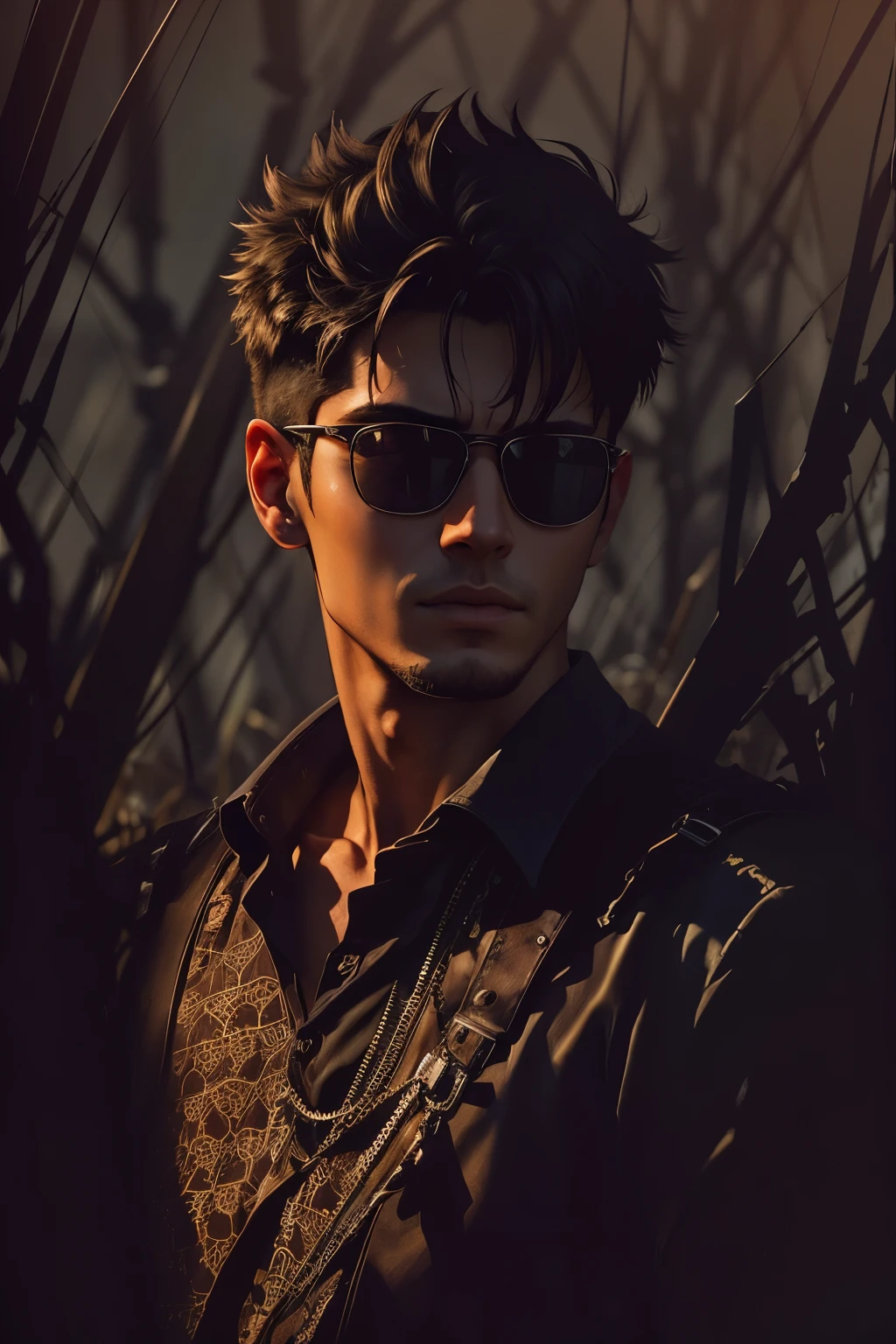 1guy, (20 year old guy), black sun glass, wearing shirt, (Messy hair style), realistic, dark background, steampunk