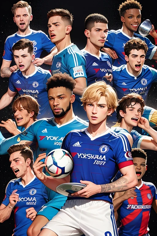 Lionel messi in Chelsea kit holding primar league cup with dedeier drogba, Eden hazard, rece James, Petrovic, Enzo Fernandez, mudryk, rhem sterling, cole palmer, ben Chilwel, Nicolas Jackson, Caicedo,mark cucurela,Galager, deigo costa,William, negolo kante ,disasi,marcio pochetino and mornio