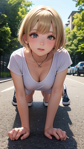 European junior high school girl, beautiful girl, blonde, short hair, crawling on all fours, composition seen from the front