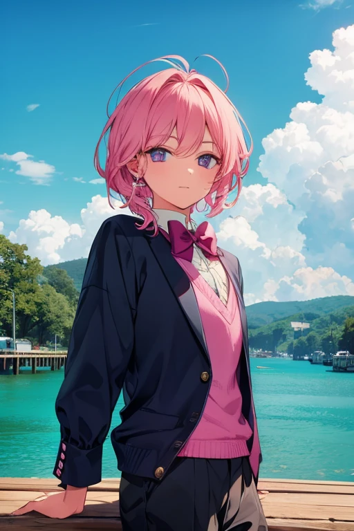 A handsome pink haired man with violet is fishing on a dock