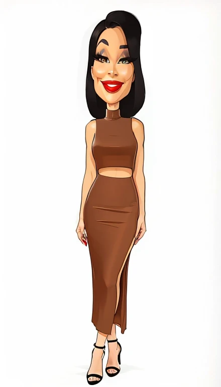 drawing of a woman with a brown dress and red lip, figura feminina em vestido maxi, usando um vestido longo, em estilo cartoon, usando vestido longo, cartoon style illustration, mulher no vestido, senhora semi-virada em vestido de noite, imagem de desenho animado, em uma jaqueta maxi de couro marrom, Mulher com cabelo preto, full body illustration, vestido longo feminino, inspirado em Tex Avery