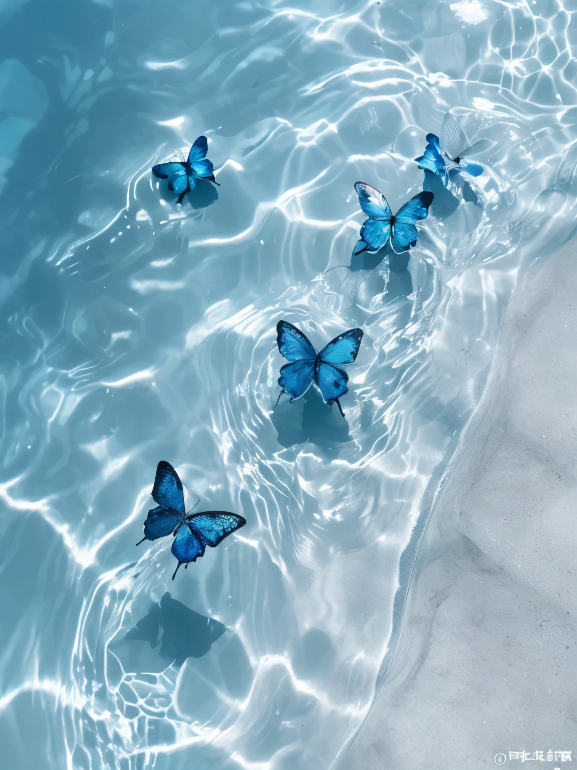 there are four blue Butterfly swimming in a pool of water, sea Butterfly, glowing blue Butterfly, butterfly stroke, Butterfly的, Butterfly, Butterfly floating in the sky, Blue waters, Made purely from water, glowing Butterfly, In the water, Butterfly and sunrays, crystal clear Blue water, Butterfly in the foreground, Blue water, blue reflections