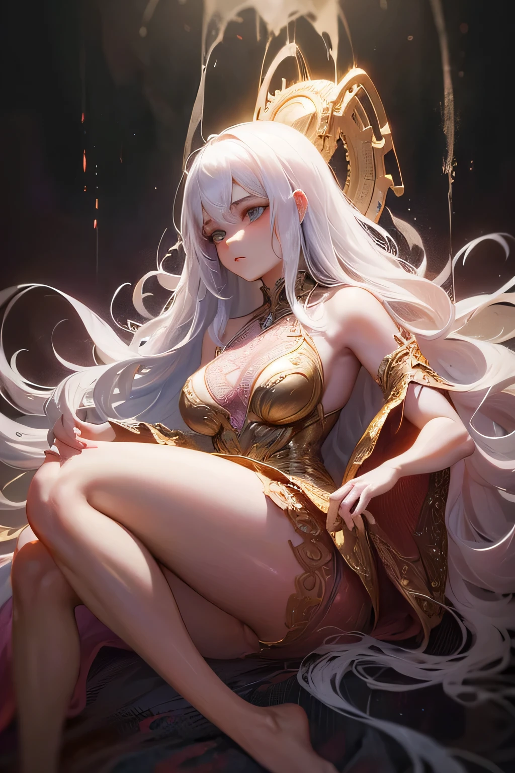 full-body shot, beautiful woman, white hair, beautiful clothes, Pink lace lingerie, Lying in bed, (Long hair as wavy as smoke):0.85 , confident expression, detailed, 16k, SFV, complicated artwork masterpiece, ominous, matte poster, golden ratio, CG Society'Hot topic, complicated, epic, Artstation 上的Hot topic, by Art Jem, H. r. Giger and Beksinski, HigHly detailed, Full of energy, production cinematic character render, Super high quality model:1 