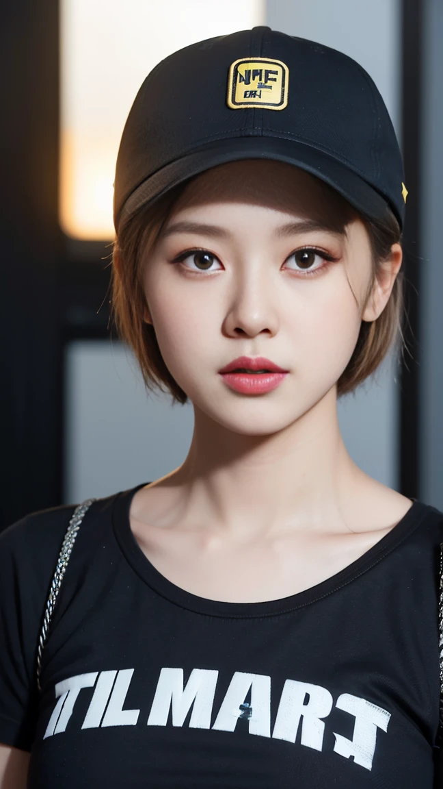 The girl is facing you ,the girl is wearing a yellow flap cap with short hair, cute mark is clearly printed on the front of the flap cap,show the full front,in the style of unreal engine, soft illuminaotion, dao trong le, firecore , MEDIUM CLOSE UP(MCU),intel core, naive charm
