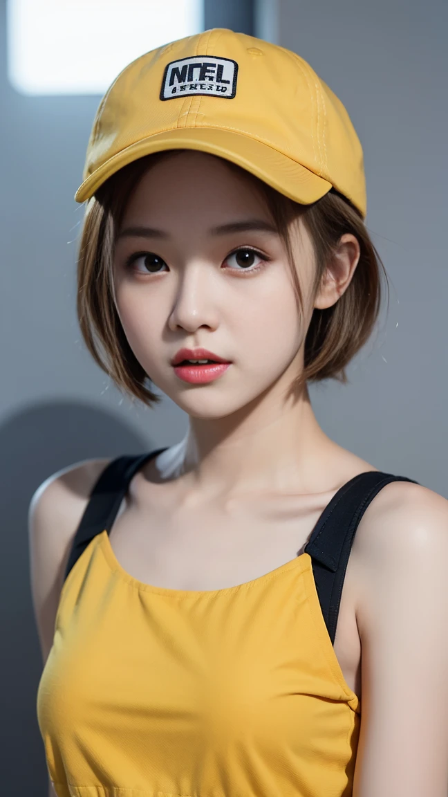 The girl is facing you ,the girl is wearing a yellow flap cap with short hair, cute mark is clearly printed on the front of the flap cap,show the full front,in the style of unreal engine, soft illuminaotion, dao trong le, firecore , MEDIUM CLOSE UP(MCU),intel core, naive charm