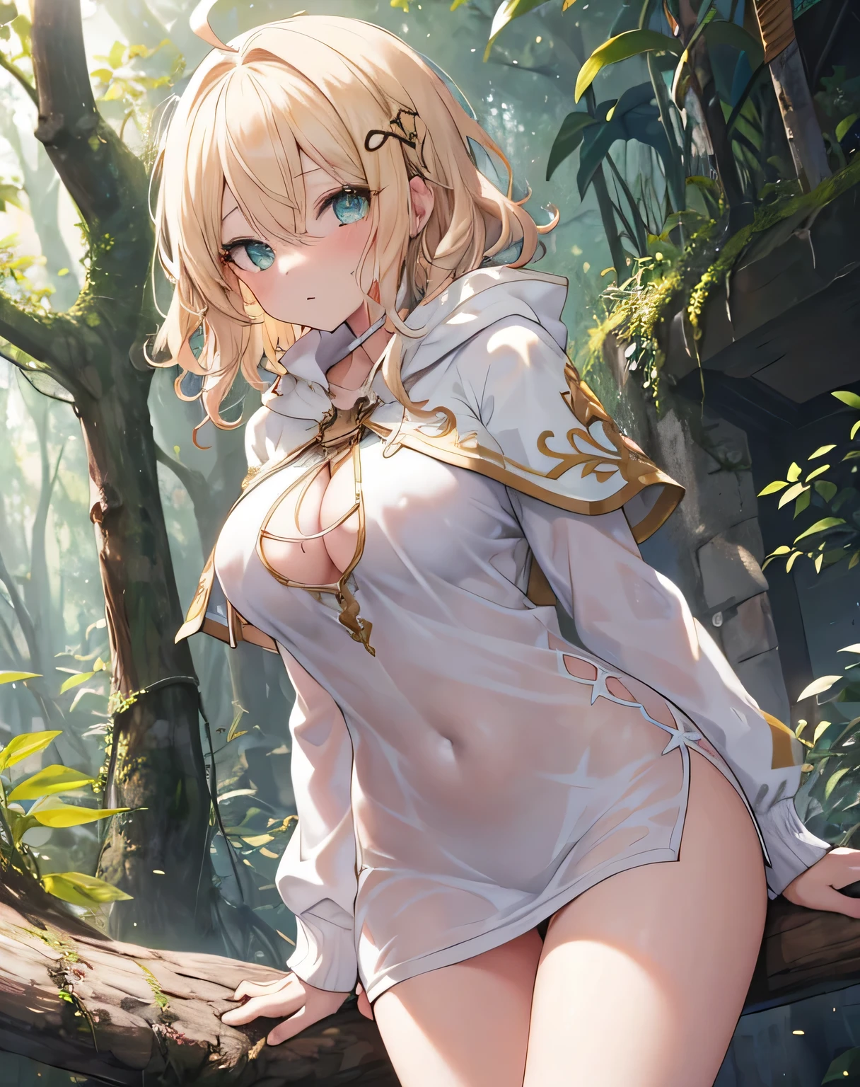 masterpiece,1girl, sparrow, a blonde haired girl, nude, curly medium hair, messy hair, slim body, wearing golden capelet with white hoody, big breasts, she close her left eye, shirt ornament, ppai, lovely expression, beautiful breasts, rounded breasts, aqua eyes, sit at forest, ahoge, pussy, she looks back, bend over, she exposes her butt, spem drip from pussy