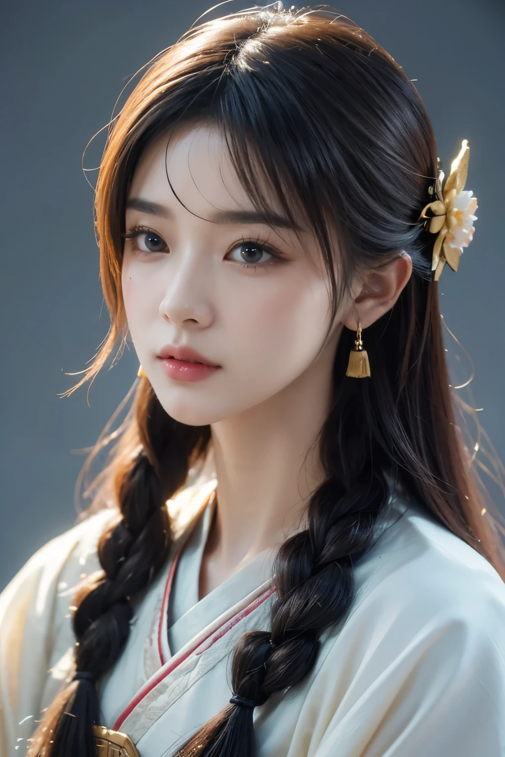 tmasterpiece,Best quality,A high resolution,8K,(Portrait),((Head close-up)),Real photos,digital photography,(Chivalrous woman in ancient Chinese style),20岁女孩,Random hairstyles,By bangs,(Random Color Eyes),(Random-colored hair),Plump,,Elegant and noble,Serious and indifferent,exquisite silk clothes,rich details​,Keep your mouth shut,Intricate ornaments,ancient fantasy style,(Woman warrior),white backgrounid,oc render reflection texture